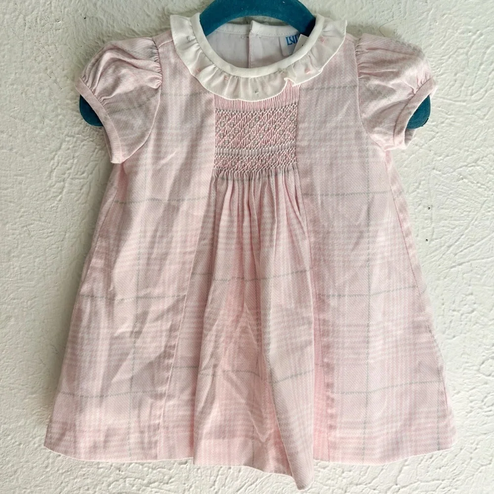 Luli & Me Pink Smocked Check Dress with Ruffle Collar 6 month pink